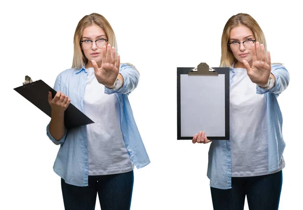 Collage Young Beautiful Blonde Business Woman Holding Clipboard White Isolated — Stock Photo, Image