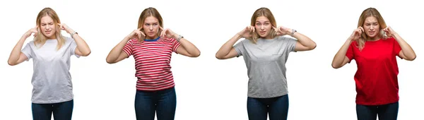 年轻美丽的金发碧眼的女人穿着一件 T恤在白色孤立的背景下 用手指用手指为响亮的音乐的噪音覆盖耳朵的拼贴 聋哑人的概念 — 图库照片