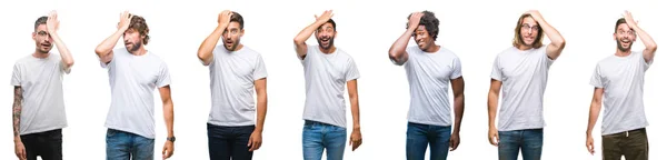 Collage Unga Kaukasiska Spansktalande Afro Män Bär Vit Shirt Över — Stockfoto