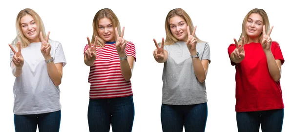 Colagem Jovem Bela Mulher Loira Vestindo Uma Camiseta Sobre Branco — Fotografia de Stock