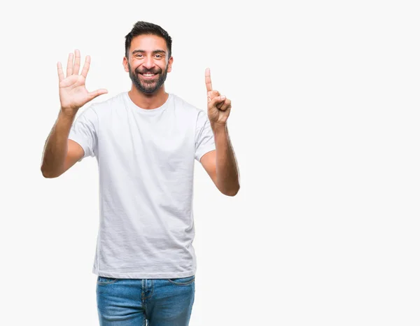 Hombre Hispano Adulto Sobre Fondo Aislado Mostrando Señalando Hacia Arriba — Foto de Stock