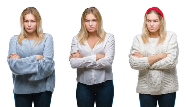 Kolaj genç güzel sarışın kadının yere beyaz izole backgroud şüpheci ve sinir, onaylamayan ifade yüz çapraz kolları üzerinde. Negatif kişi.