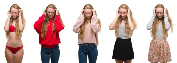 Collage Ung Blond Tjej Över Vita Isolerade Bakgrund Med Handen — Stockfoto