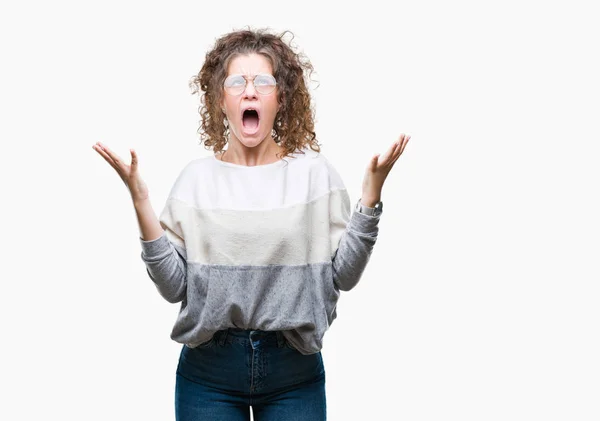 Schöne Brünette Lockige Haare Junge Mädchen Mit Brille Über Isoliertem — Stockfoto