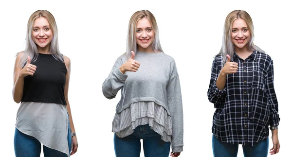 Collage Vacker Blond Ung Kvinna Över Isolerade Bakgrund Gör Glad — Stockfoto