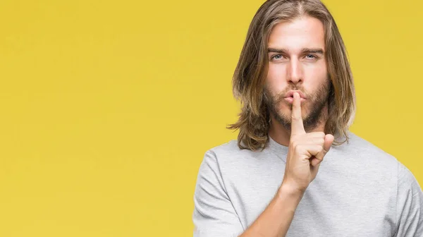 Young Handsome Man Long Hair Isolated Background Asking Quiet Finger — Stock Photo, Image