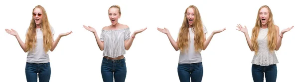 Collage Eines Jungen Blonden Mädchens Vor Weißem Isoliertem Hintergrund Sehr — Stockfoto