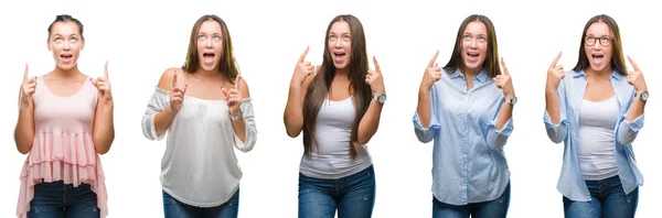 Collage Van Jonge Mooie Brunette Meisje Witte Geïsoleerde Achtergrond Verbaasd — Stockfoto