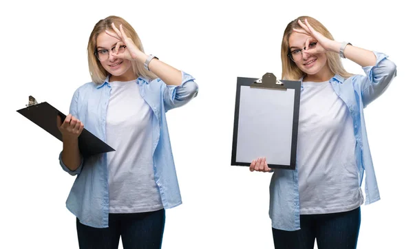 Collage Young Beautiful Blonde Business Woman Holding Clipboard White Isolated — Stock Photo, Image