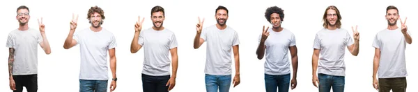 白い分離背景表示と指で上向きに白い シャツを着て若い白人 ヒスパニック 黒人男性のコラージュ数は自信を持って 幸せな笑みを浮かべて中 — ストック写真
