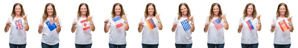 Collage Middle Age Mature Woman Holding Flags Different Countries White — Stock Photo, Image
