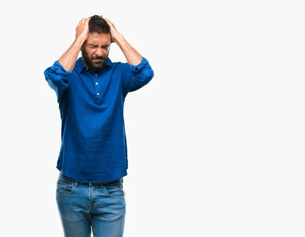 Erwachsener Hispanischer Mann Mit Isoliertem Hintergrund Der Unter Kopfschmerzen Leidet — Stockfoto