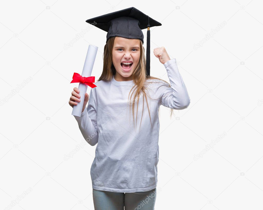 Young beautiful girl wearing graduate cap holding degree over isolated background annoyed and frustrated shouting with anger, crazy and yelling with raised hand, anger concept