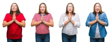 Genç güzel kız yalvarıyor ve umut ifade yüzünde çok duygusal ve endişe ile birlikte elleriyle dua beyaz izole arka plan üzerinde kolaj. Bağışlanmak. Din kavramı.