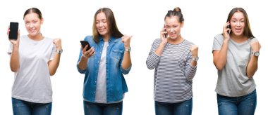 Kolaj bir duygu tezahürat gurur çığlık ve zafer ve başarı çok heyecanlı, kutluyor beyaz izole arka plan üzerinde akıllı telefon kullanan genç kız