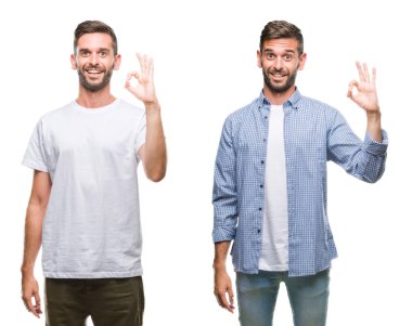 Kolaj rahat bakmak beyaz izole backgroud el ve parmaklar ok işaretiyle yapıyor olumlu gülümseyen üzerinde giyen genç adam. Başarılı ifade.
