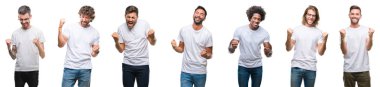 Kolaj üzerinde beyaz beyaz t-shirt giyen genç beyaz, İspanyol, afro adam arka plan çok mutlu ve heyecanlı gülümseyen ve başarı için çığlık kaldırdı, silah ile kazanan jest yapıyor izole. Kutlama kavramı.