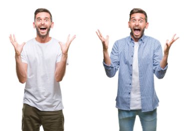 Kolaj rahat giyen genç adam bir deli kutluyor beyaz izole backgroud bakmak ve silah ile başarı için yükseltilmiş ve açık gözleri heyecanlı çığlık hayrete düşürdü. Kazanan kavramı