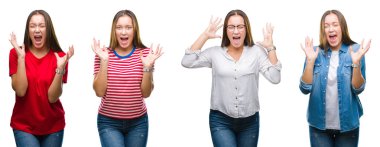 Genç güzel kız yüzünden kızgın ve silah ile başarı için deli kutluyor beyaz izole arka plan kolaj kaldırdı ve heyecanlı çığlık gözler kapalı. Kazanan kavramı