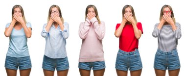 Sarışın güzel kadın rahat bakmak beyaz izole backgroud ağız hata için elleriyle kapsayan şok üzerinde giyen kolaj. Gizli kavramı.