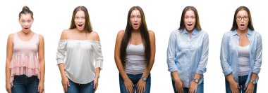 Genç güzel esmer kız beyaz izole arka plan korkuyor ve sürpriz ifade, korku ve heyecan yüz ile şok yüzünden kolaj.