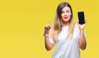 Genç güzel kadın gösteren boş ekran smartphone üzerinde arka plan ile bir fikir ya da gülen yüz, bir numara ile parmak işaret soru sürpriz izole