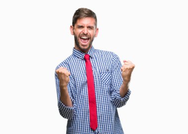 Gülümseyen ve başarı için çığlık genç yakışıklı iş adamı izole arka plan çok mutlu ve heyecanlı kaldırdı, silah ile kazanan jest yapıyor üzerinde. Kutlama kavramı.