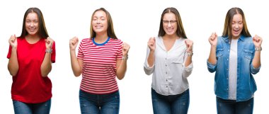 Genç güzel kız beyaz izole arka plan kutlama üzerinde kolaj şaşırttı ve silah ile başarı için yükseltilmiş ve açık gözler hayrete düşürdü. Kazanan kavramı.