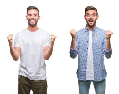 Rahat bakmak beyaz izole backgroud kutluyor üzerinde giyen genç adam kolaj şaşırdım ve başarı için kaldırdı kollarını açarak hayrete ve gözleri açık. Kazanan kavramı.