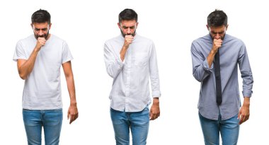 Yakışıklı genç Hintli adam yüksek sesle müzik gürültü rahatsız ifade parmaklarıyla kulaklarıyla kapsayan izole arka plan üzerinde kolaj. Sağır kavramı.