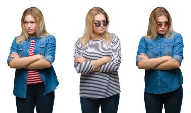 Kolaj genç güzel sarışın kadının yere beyaz izole backgroud şüpheci ve sinir, onaylamayan ifade yüz çapraz kolları üzerinde güneş gözlüğü takıyor. Negatif kişi.