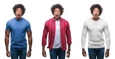 İzole arka plan korkuyor ve şok sürpriz ifade, korku ve heyecan yüz Afrikalı-Amerikalı genç yakışıklı adam kolaj.