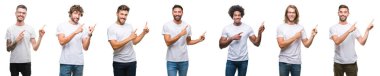 Gülümseyen ve iki elleri ve parmakları ile tarafına işaret kamera bakıyor beyaz izole arka plan üzerinde beyaz t-shirt giyen genç beyaz, İspanyol, afro adam kolaj.