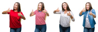 Kolaj genç güzel kız beyaz izole arka plan onaylama üzerinde el ile pozitif jest yapıyor gülümseyen ve başarı için mutlu başparmak. Kamera, kazanan jest arıyorsunuz.