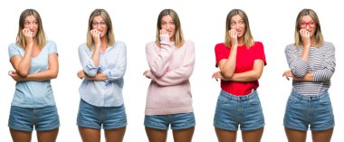 Sarışın güzel kadın rahat bakmak beyaz izole backgroud stresli ve gergin elle çivi ısırma ağzına seyir üzerinde giyen kolaj. Anksiyete sorunu.