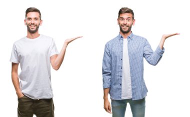 Rahat bakmak beyaz izole backgroud neşeli sunulması ve kameraya bakarak avucunun ile işaret gülümseyen üzerinde giyen genç adam kolaj.