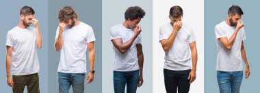 Kolaj yakışıklı İspanyol, Hint ve Arap erkekler antika arka plan yorgun sürtünme burun ve göz yorgunluğu ve baş ağrısı duygu üzerinde grup. Stres ve hayal kırıklığı kavramı.