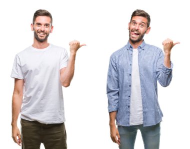 Casual göz seyir ve başparmak yanında yukarıyı mutlu yüz ile gülümseyen beyaz izole kağıt üzerinde giyen genç adam kolaj.