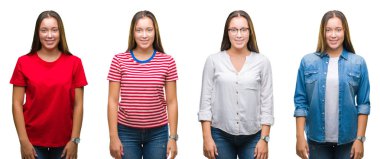 Genç güzel kız yüzünden beyaz izole arka yüzünde mutlu ve güzel bir gülümseme ile kolaj. Şanslı kişi.