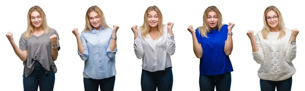 Collage Van Jonge Mooie Vrouw Het Vieren Van Witte Geïsoleerde — Stockfoto