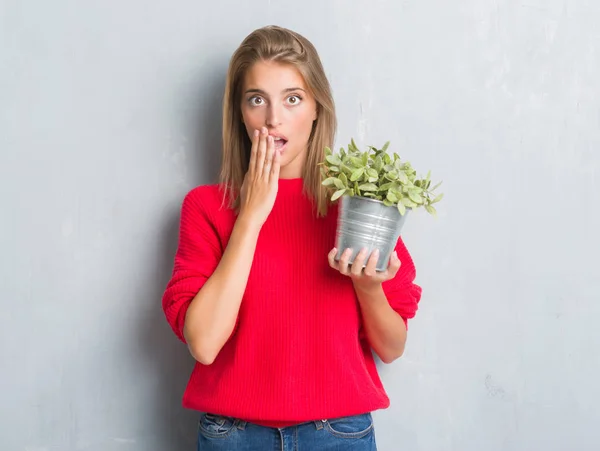 Vacker Ung Kvinna Över Grunge Grå Väggen Hålla Växten Potten — Stockfoto