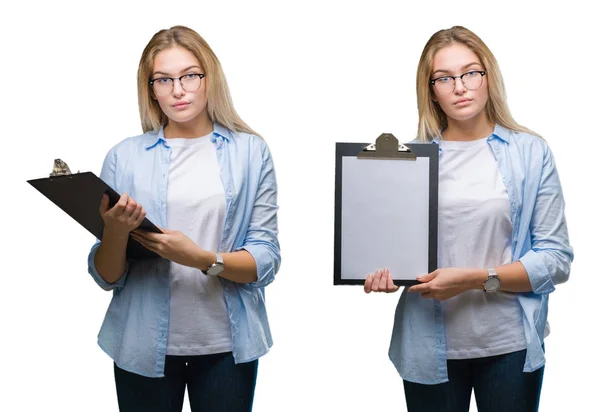 Colagem Jovem Mulher Negócios Loira Bonita Segurando Prancheta Sobre Backgroud — Fotografia de Stock