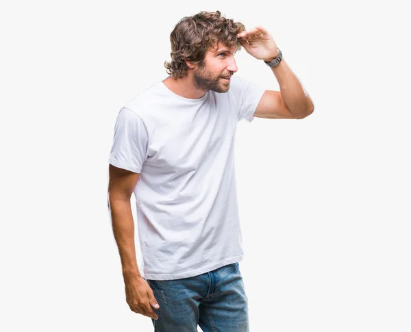 Knappe Spaanse Model Man Geïsoleerde Achtergrond Erg Blij Lachende Zoek — Stockfoto