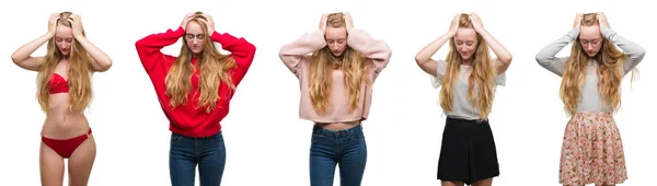 Collage Ung Blond Tjej Över Vit Isolerade Bakgrund Lider Huvudvärk — Stockfoto