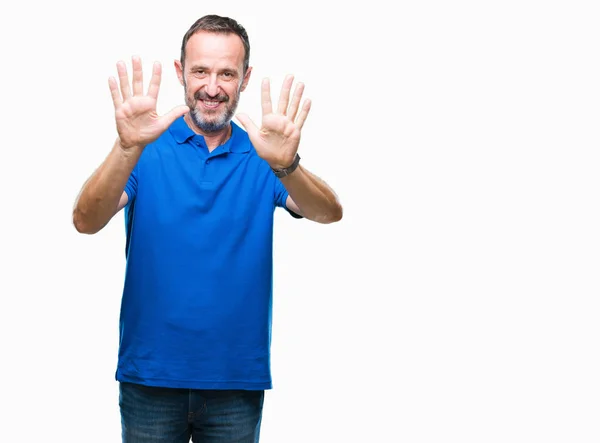 中年老人在孤立的背景显示和指向手指十 而微笑着自信和快乐 — 图库照片