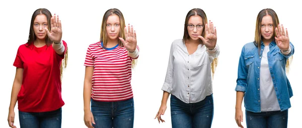 Colagem Menina Bonita Jovem Sobre Fundo Isolado Branco Fazendo Parar — Fotografia de Stock