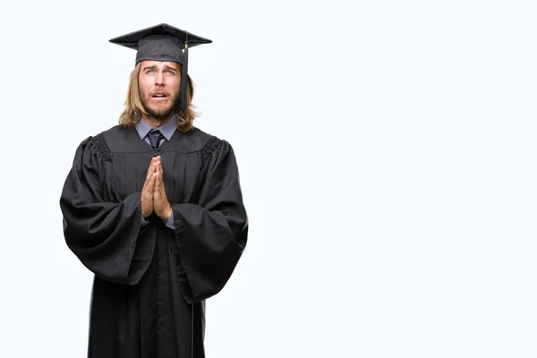 Young Handsome Graduated Man Long Hair Isolated Background Begging Praying — Stock Photo, Image