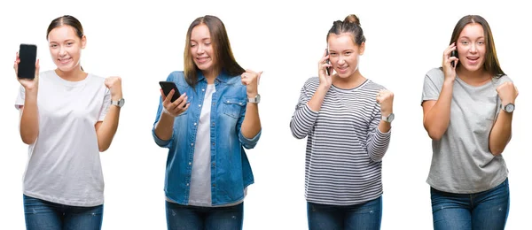 Collage Young Girl Using Smartphone White Isolated Background Screaming Proud — Stock Photo, Image