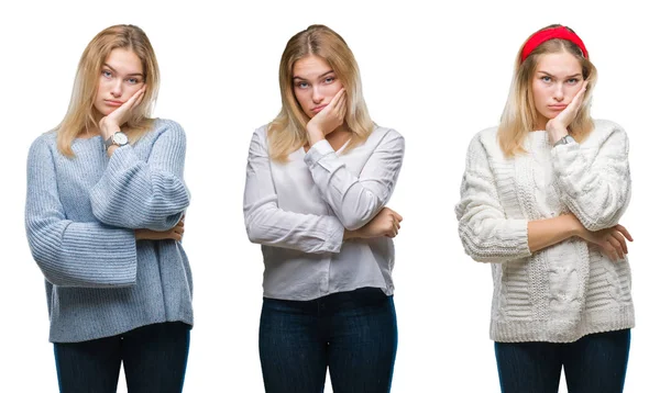 Collage Unga Vackra Blonda Kvinnan Över Vita Isolerade Backgroud Tänkande — Stockfoto