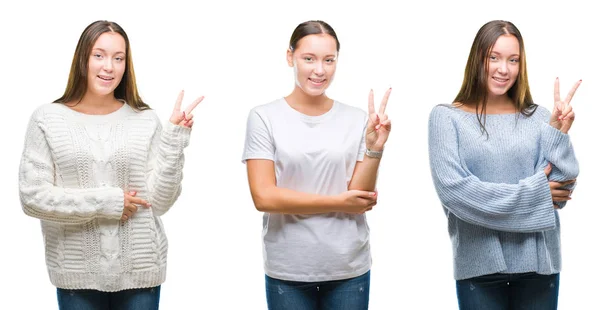 勝利のサインを行うカメラでウィンクしている幸せそうな顔を浮かべて白い分離背景に冬のセーターを着ている美しい少女のコラージュ — ストック写真